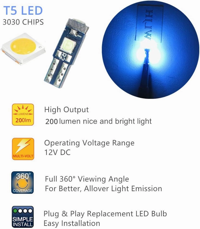 WLJH 74 Led Bulb Dash Lights 3SMD Super Bright T5 2721 37 286 Wedge PC74 Twist Socket Automotive Instrument Panel Gauge Light Kits Cluster Shift Indicator Interior Bulbs Ice Blue Pack of 20