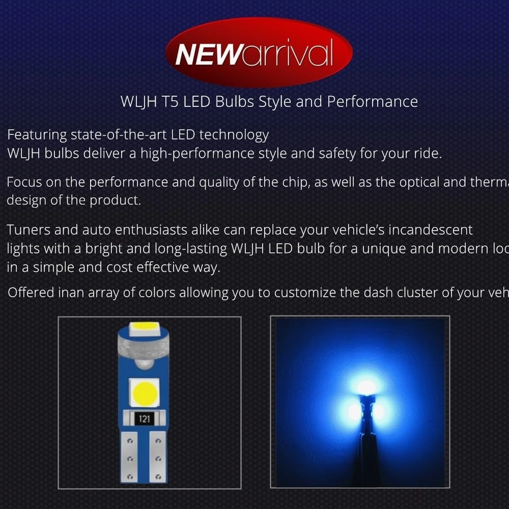 WLJH 74 Led Bulb Dash Lights 3SMD Super Bright T5 2721 37 286 Wedge PC74 Twist Socket Automotive Instrument Panel Gauge Light Kits Cluster Shift Indicator Interior Bulbs Ice Blue Pack of 20