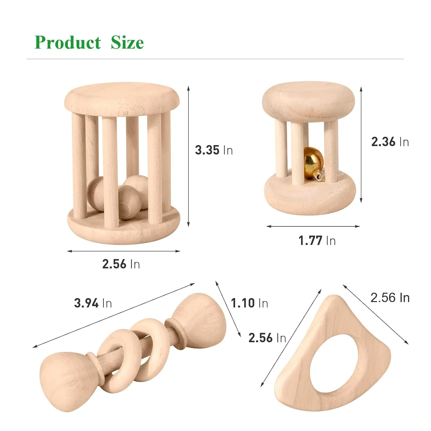 WODI 4 Piece Wooden Baby Rattle Toy Montessori Teething Ring Log Geometric Grab Toy Set Natural Wood Rattle Set for Infants and Toddlers