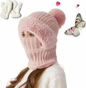 Women's Knitted Hat in Autumn and Winter, Scarf Hat Mask Integrated Knitted Beanie, Warm, Soft and Fashionable