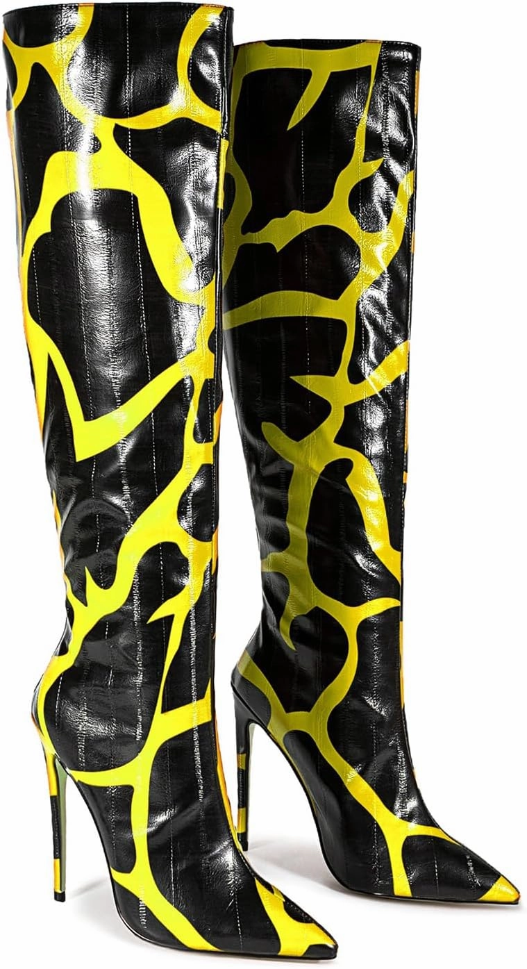 Women's Over Knee Boots,Pointed Toe Zebra Print Boots with Back Zip,Stiletto Heel Boots for Parties and Daily Wear Forward Events