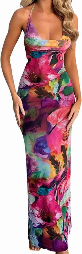 Women Sexy Backless Satin Maxi Dresses Spaghetti Strap Floral Print Dresses Slim Fit Elegant Night Party Outfits
