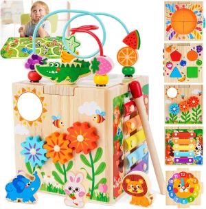 Wooden Activity Cube | Montessori Toys for 1-2 Year Old Toddlers | One Year Old 1st First Birthday Gift | Developmental Toys for 12 Months Baby Boys Girls | Bonus Sorting & Stacking Board (Pink)