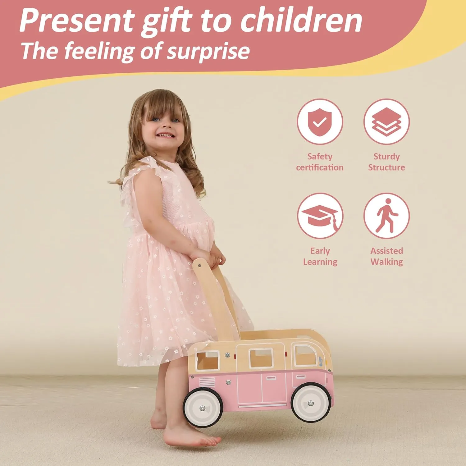 Wooden Baby Walker,Push Walker Bus for Boys and Girls, Stand & Learn Push Walker for Toddlers 1-3 Years Old Pink