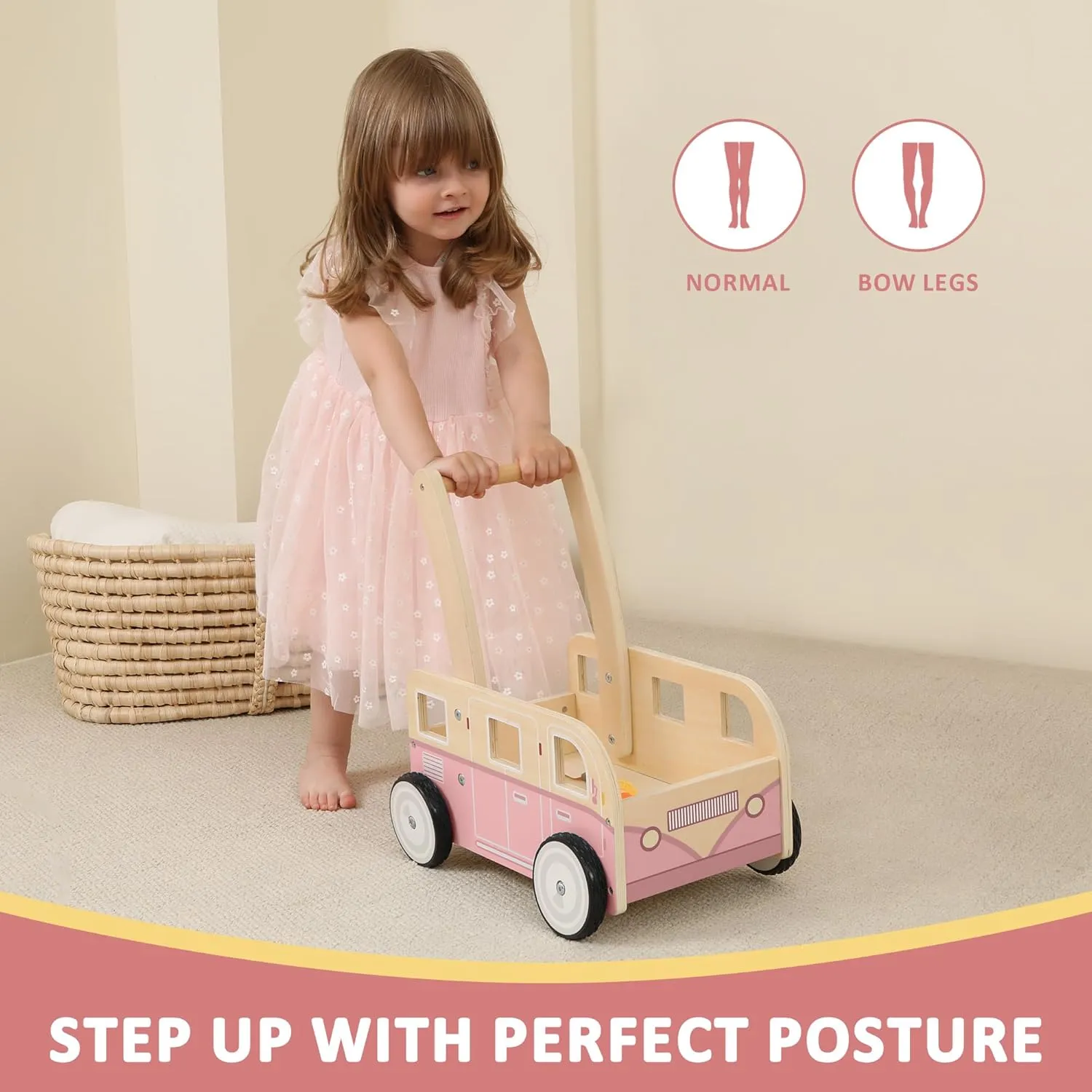 Wooden Baby Walker,Push Walker Bus for Boys and Girls, Stand & Learn Push Walker for Toddlers 1-3 Years Old Pink
