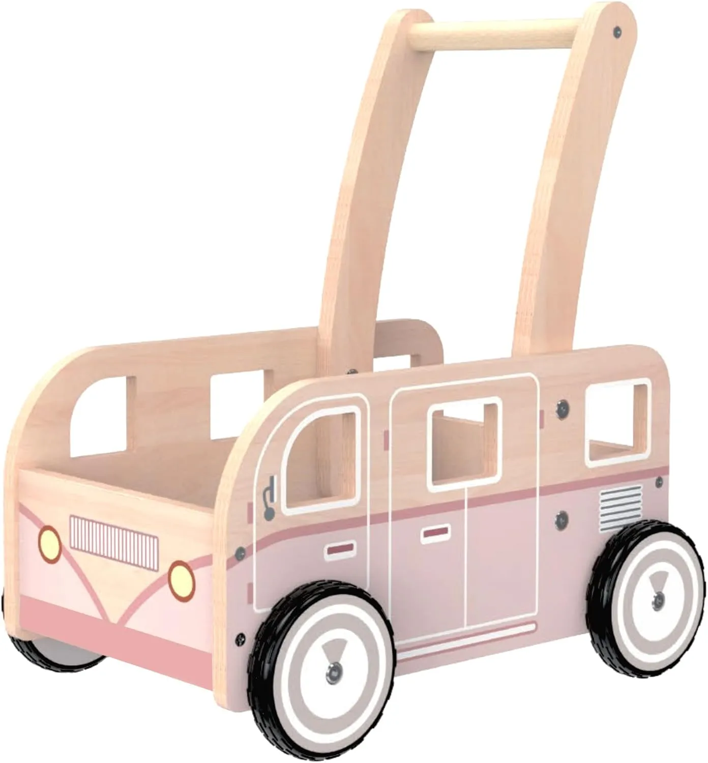 Wooden Baby Walker,Push Walker Bus for Boys and Girls, Stand & Learn Push Walker for Toddlers 1-3 Years Old Pink