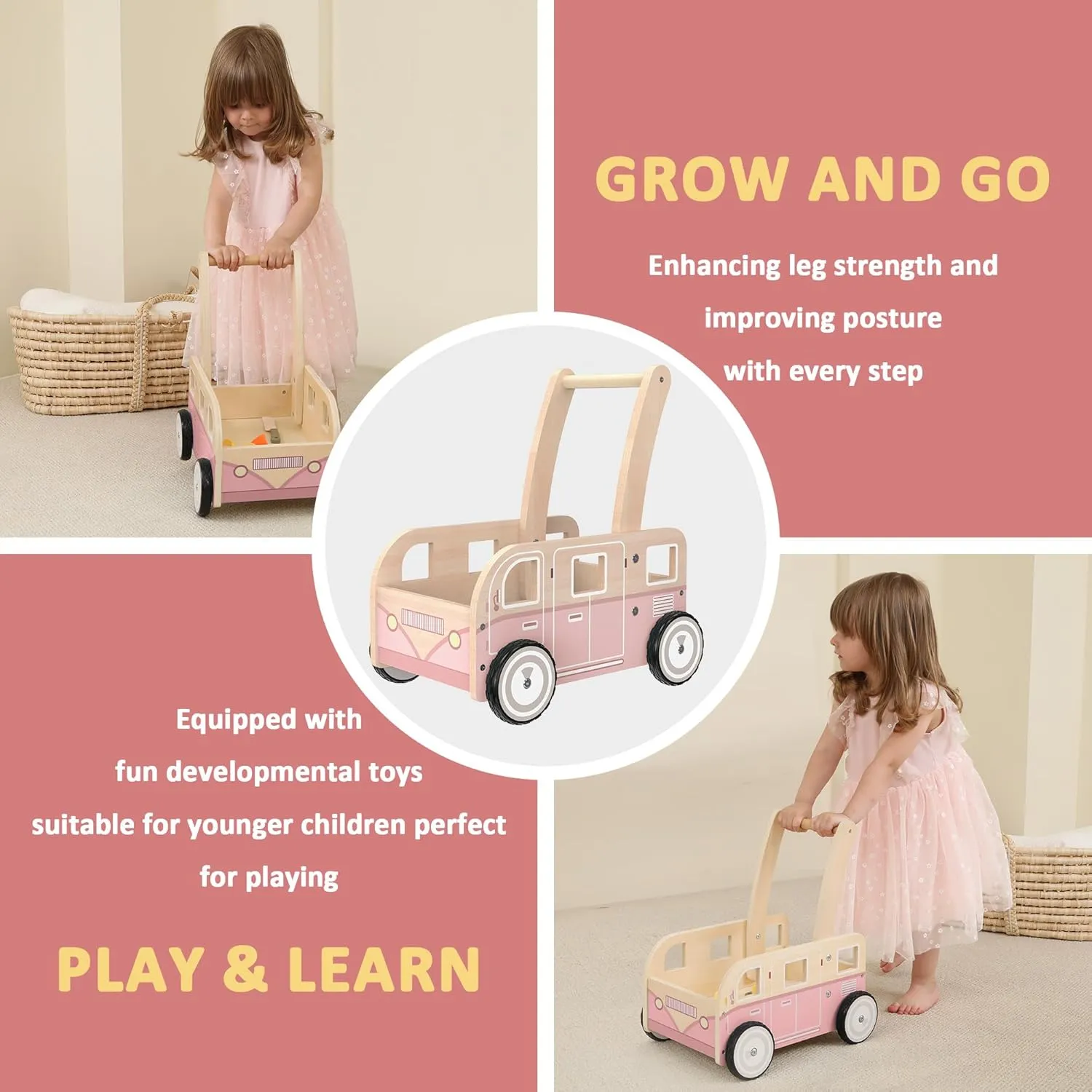 Wooden Baby Walker,Push Walker Bus for Boys and Girls, Stand & Learn Push Walker for Toddlers 1-3 Years Old Pink