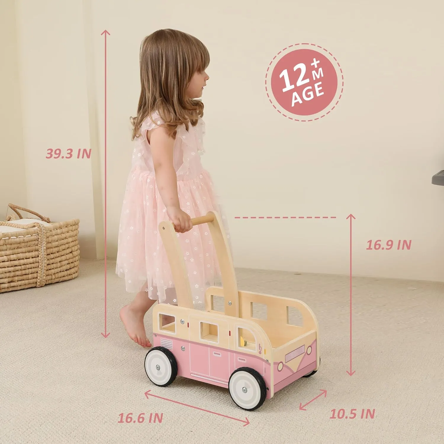 Wooden Baby Walker,Push Walker Bus for Boys and Girls, Stand & Learn Push Walker for Toddlers 1-3 Years Old Pink