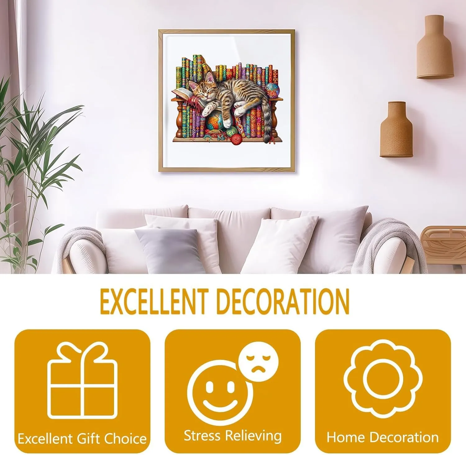 Wooden Puzzles for Adults, Snoozing Cat Wooden Jigsaw Puzzles for Adults, Library Kitten Wood Puzzles Adult, Unique Animal Shape, Gifts for Cat Lovers & Friends, Home Decor (S -8.5 * 6.9in -100 pcs)
