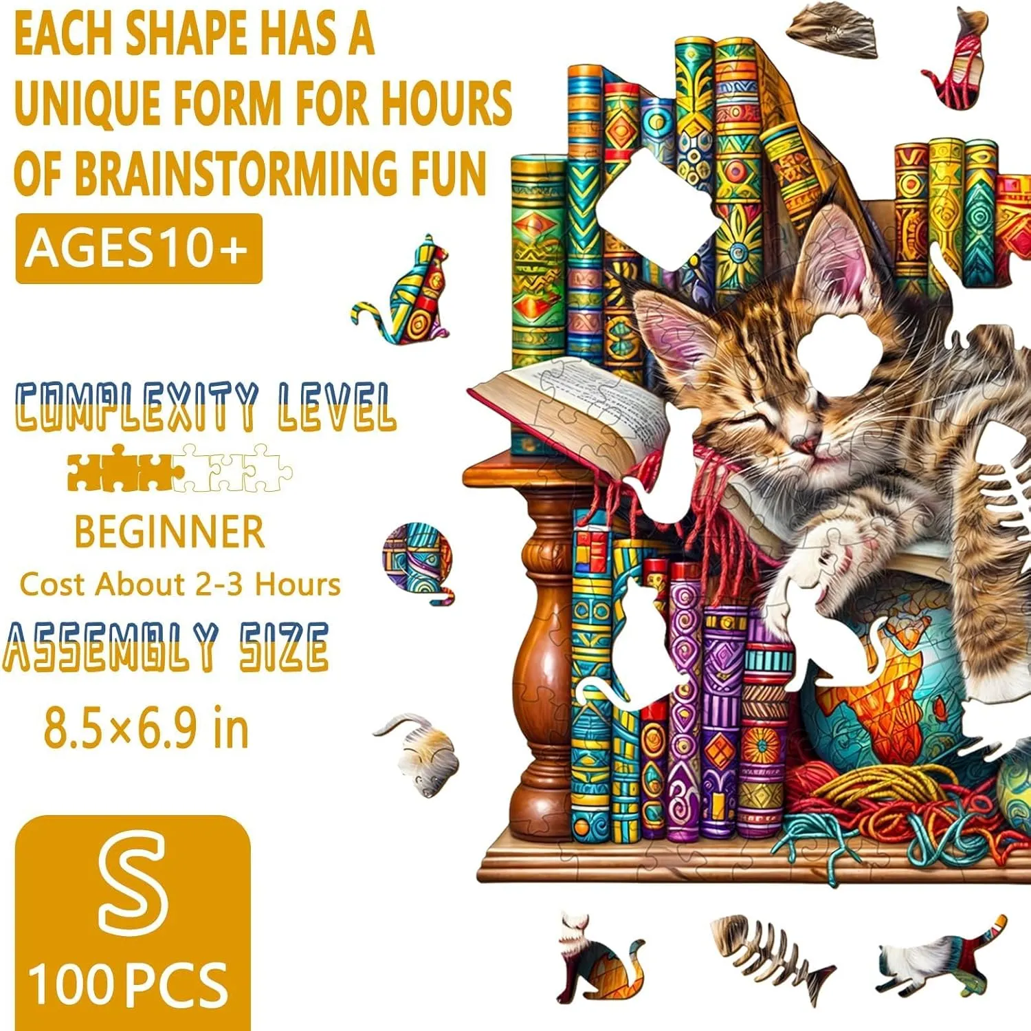 Wooden Puzzles for Adults, Snoozing Cat Wooden Jigsaw Puzzles for Adults, Library Kitten Wood Puzzles Adult, Unique Animal Shape, Gifts for Cat Lovers & Friends, Home Decor (S -8.5 * 6.9in -100 pcs)