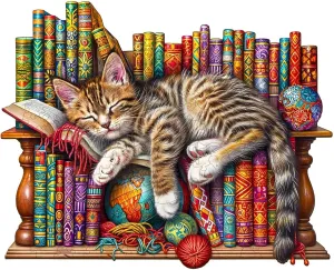 Wooden Puzzles for Adults, Snoozing Cat Wooden Jigsaw Puzzles for Adults, Library Kitten Wood Puzzles Adult, Unique Animal Shape, Gifts for Cat Lovers & Friends, Home Decor (S -8.5 * 6.9in -100 pcs)