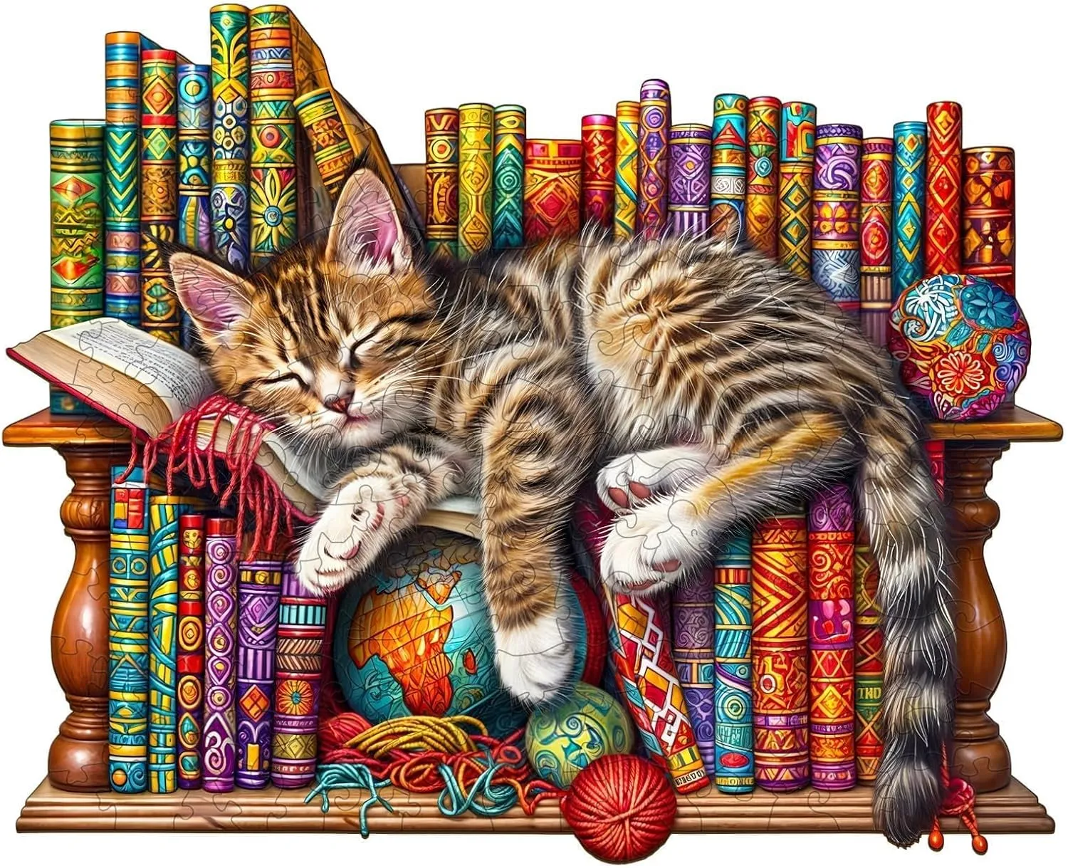 Wooden Puzzles for Adults, Snoozing Cat Wooden Jigsaw Puzzles for Adults, Library Kitten Wood Puzzles Adult, Unique Animal Shape, Gifts for Cat Lovers & Friends, Home Decor (S -8.5 * 6.9in -100 pcs)