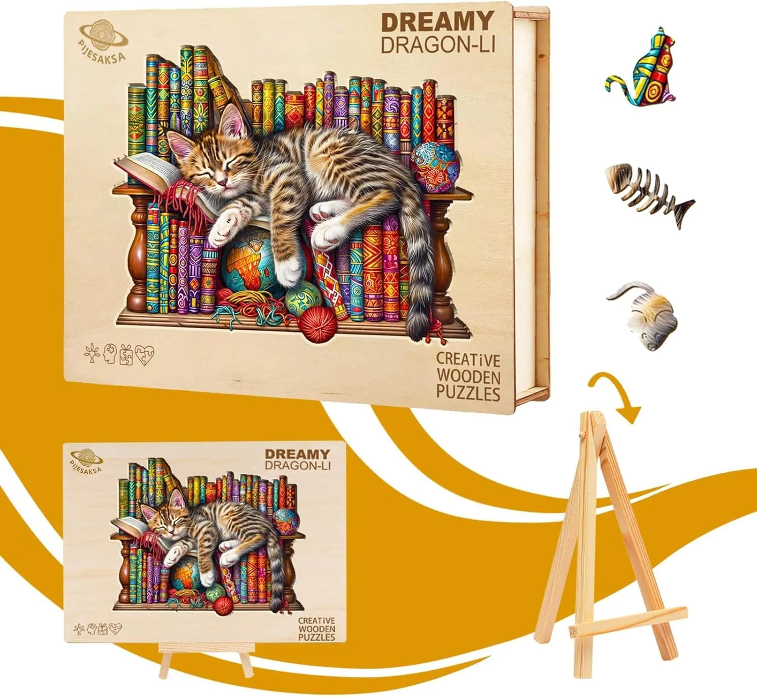 Wooden Puzzles for Adults, Snoozing Cat Wooden Jigsaw Puzzles for Adults, Library Kitten Wood Puzzles Adult, Unique Animal Shape, Gifts for Cat Lovers & Friends, Home Decor (S -8.5 * 6.9in -100 pcs)