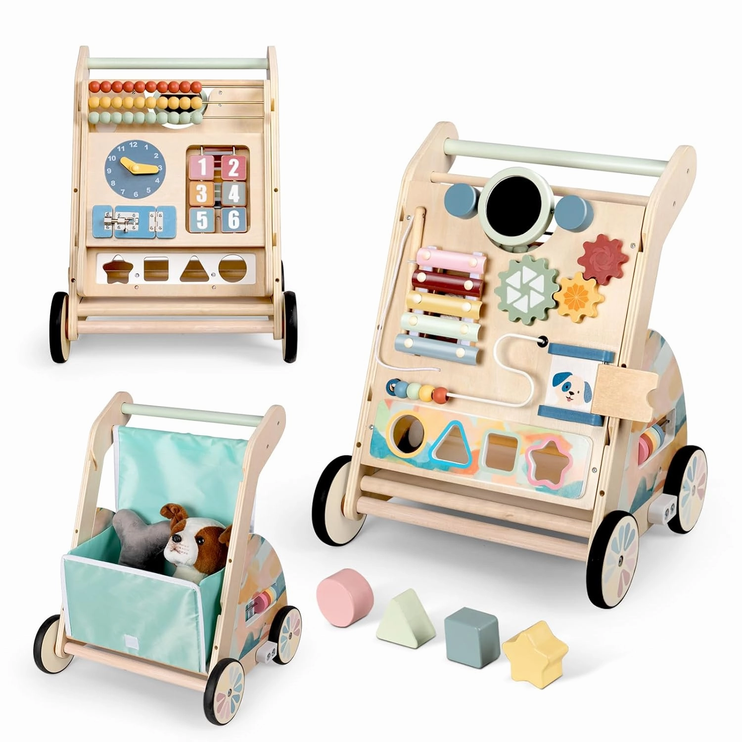 Wooden Baby Walker, Detachable Double-Sided Busy Board, Baby Walking Toys Push Walkers for Babies 6-12 Months