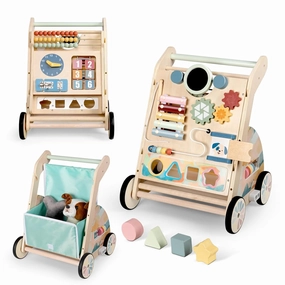 Wooden Baby Walker, Detachable Double-Sided Busy Board, Baby Walking Toys Push Walkers for Babies 6-12 Months