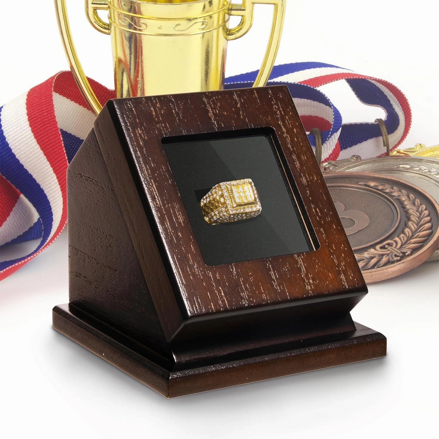 Wooden Championship Ring Display Case, Sports Ring Holder for Softball, Baseball, Basketball Fans, 1-Slot Storage Box for Multiple Rings, Showcasing Sports Souvenirs (Rings Not Included)