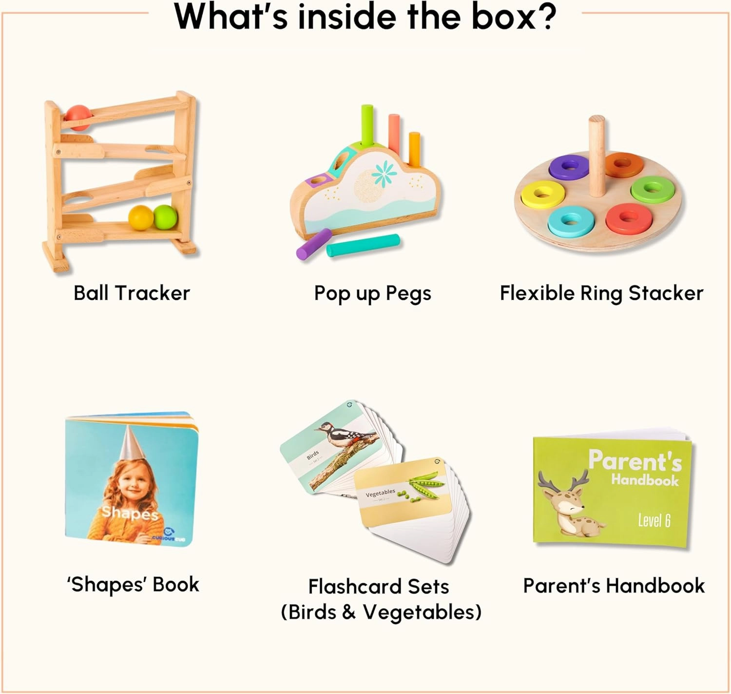 Wooden Montessori Toys Box for Toddlers | 6 in 1 Learning Educational Toys - Wooden Ball Tracker, Ring Stacker, Pop up Toy & More | Developmental Toy Set & Gift for 13 Months 