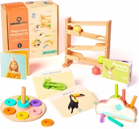 Wooden Montessori Toys Box for Toddlers | 6 in 1 Learning Educational Toys - Wooden Ball Tracker, Ring Stacker, Pop up Toy & More | Developmental Toy Set & Gift for 13 Months 
