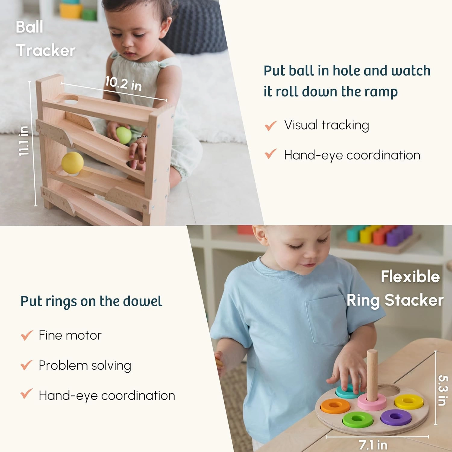 Wooden Montessori Toys Box for Toddlers | 6 in 1 Learning Educational Toys - Wooden Ball Tracker, Ring Stacker, Pop up Toy & More | Developmental Toy Set & Gift for 13 Months 