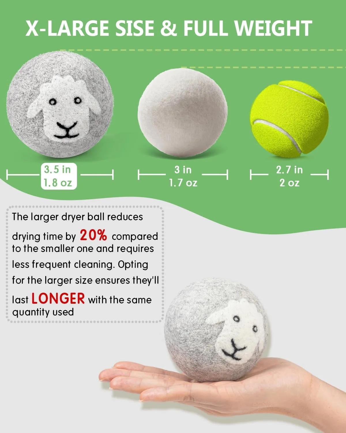 Wool Dryer Balls - Cute Sheep 6-Pack - X-Large Premium Natural Fabric Softener - Wool Balls Replaces Dryer Sheets - Laundry Balls for Dryer- Wool Balls for Dryer