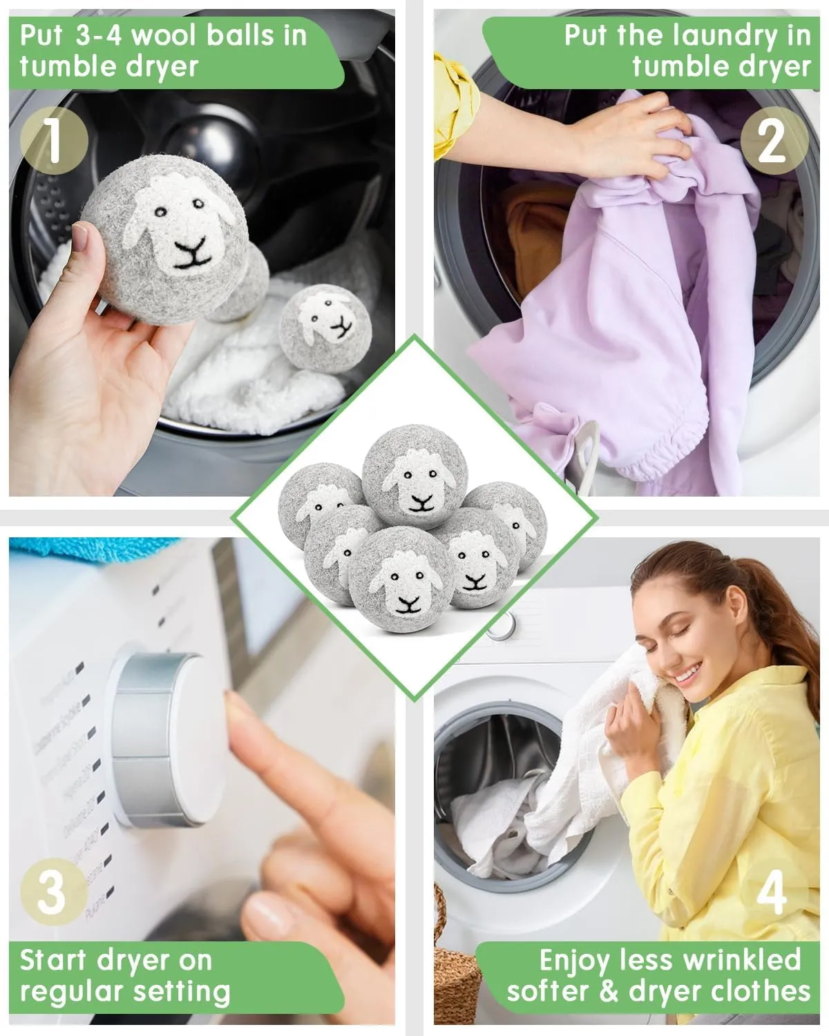 Wool Dryer Balls - Cute Sheep 6-Pack - X-Large Premium Natural Fabric Softener - Wool Balls Replaces Dryer Sheets - Laundry Balls for Dryer- Wool Balls for Dryer
