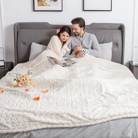 WOOMER Electric Heated Blanket, 90"x 100" King Size Heating Blanket, Rose Flower Patterns Faux Fur & Soft Sherpa, 4 Heating Levels & 4H Auto Off, ETL Certified, Machine Washable, White