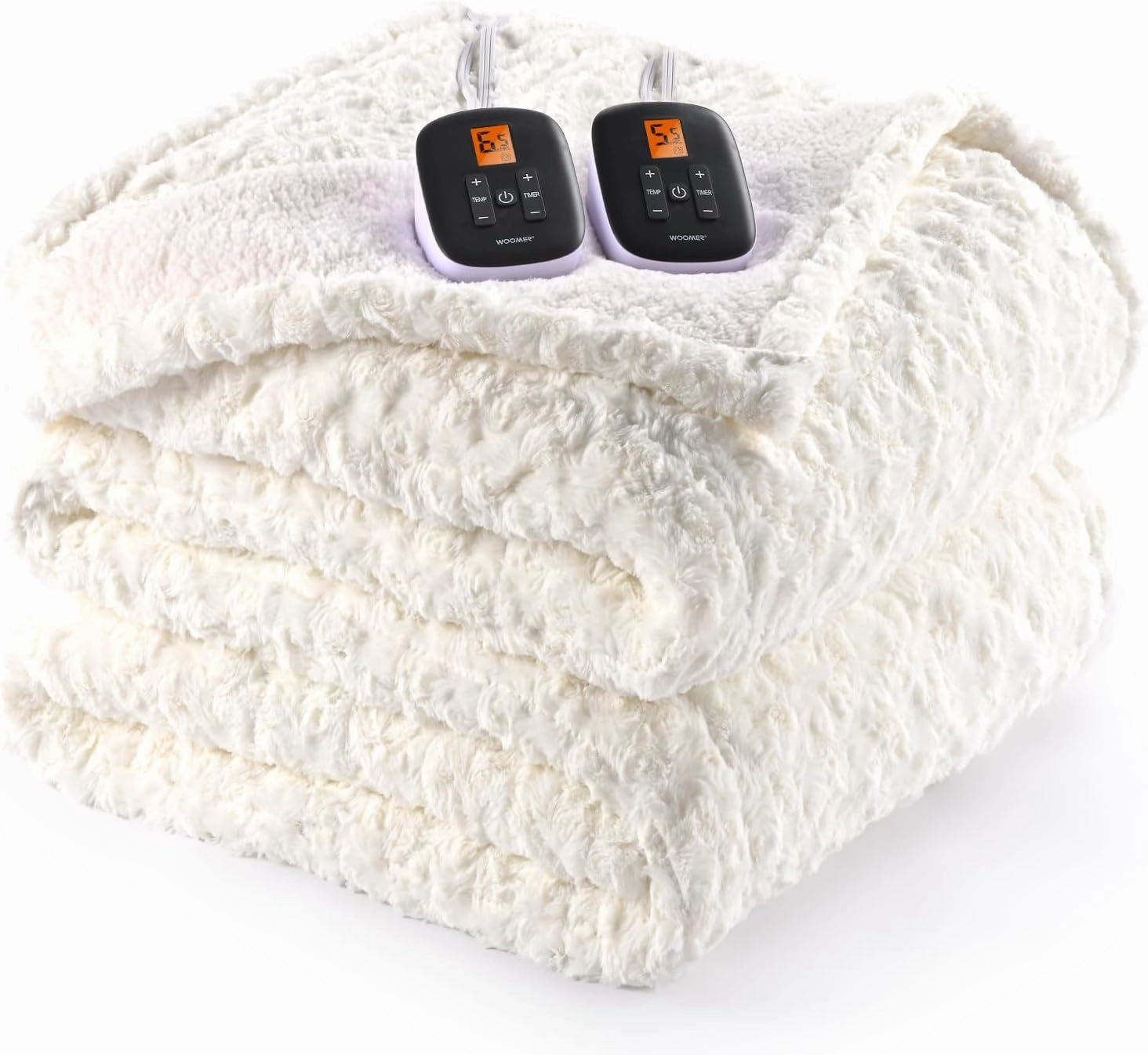 WOOMER Electric Heated Blanket, 90"x 100" King Size Heating Blanket, Rose Flower Patterns Faux Fur & Soft Sherpa, 4 Heating Levels & 4H Auto Off, ETL Certified, Machine Washable, White