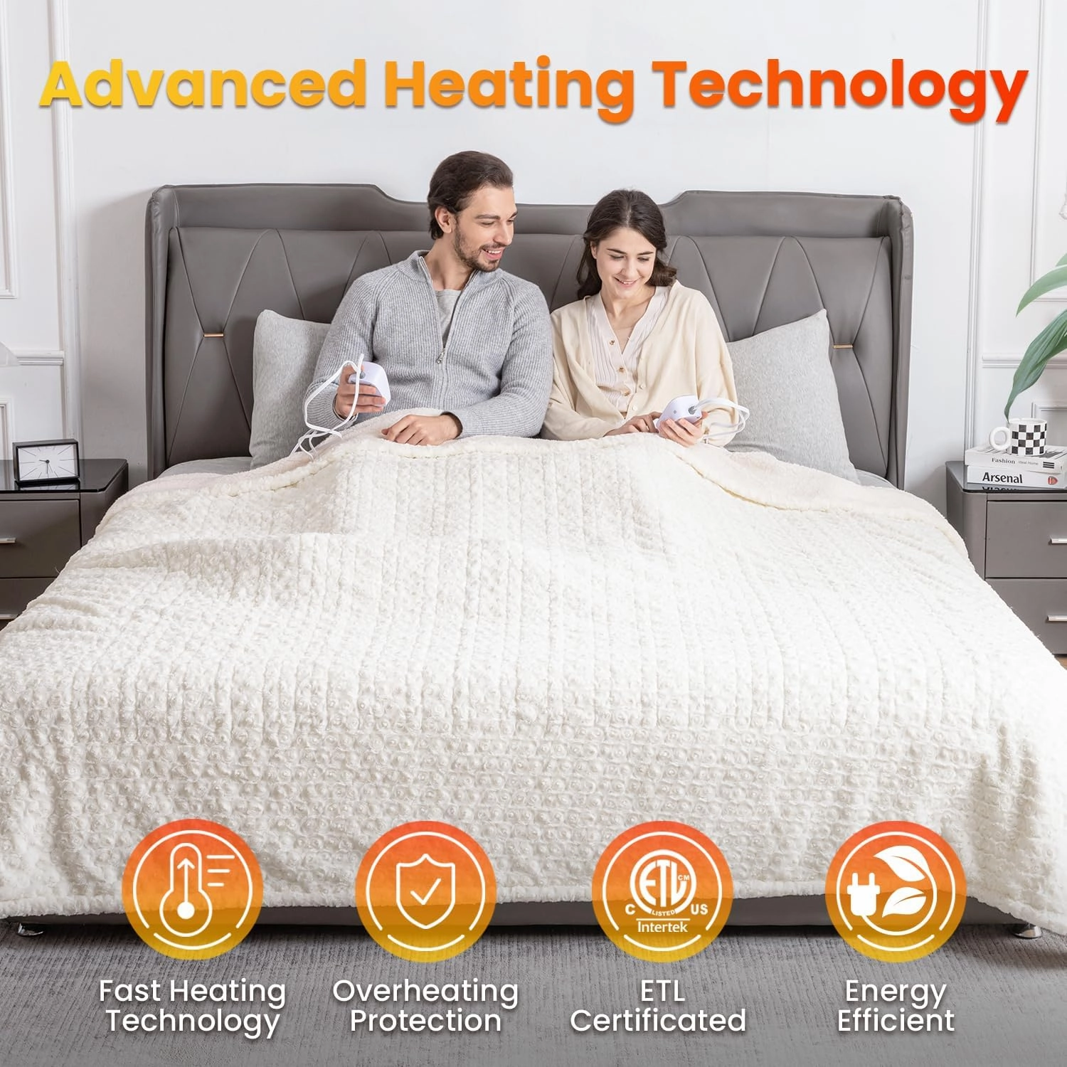 WOOMER Electric Heated Blanket, 90"x 100" King Size Heating Blanket, Rose Flower Patterns Faux Fur & Soft Sherpa, 4 Heating Levels & 4H Auto Off, ETL Certified, Machine Washable, White