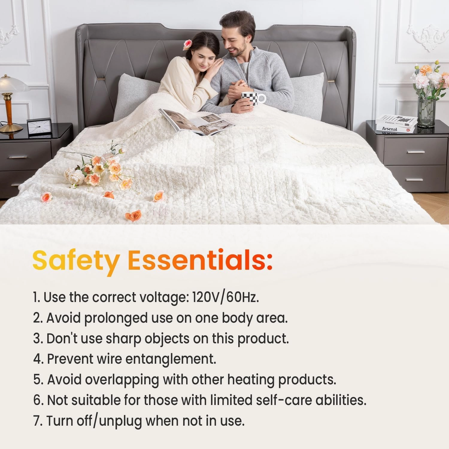 WOOMER Electric Heated Blanket, 90"x 100" King Size Heating Blanket, Rose Flower Patterns Faux Fur & Soft Sherpa, 4 Heating Levels & 4H Auto Off, ETL Certified, Machine Washable, White