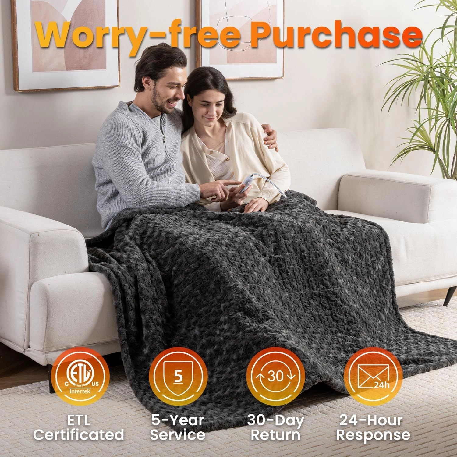 WOOMER Electric Heated Throw 50"x 60", Rose Flower Patterns Faux Fur & Soft Sherpa, 4 Heating Levels & 4H Auto Off, ETL Certified, Machine Washable, Dark Grey