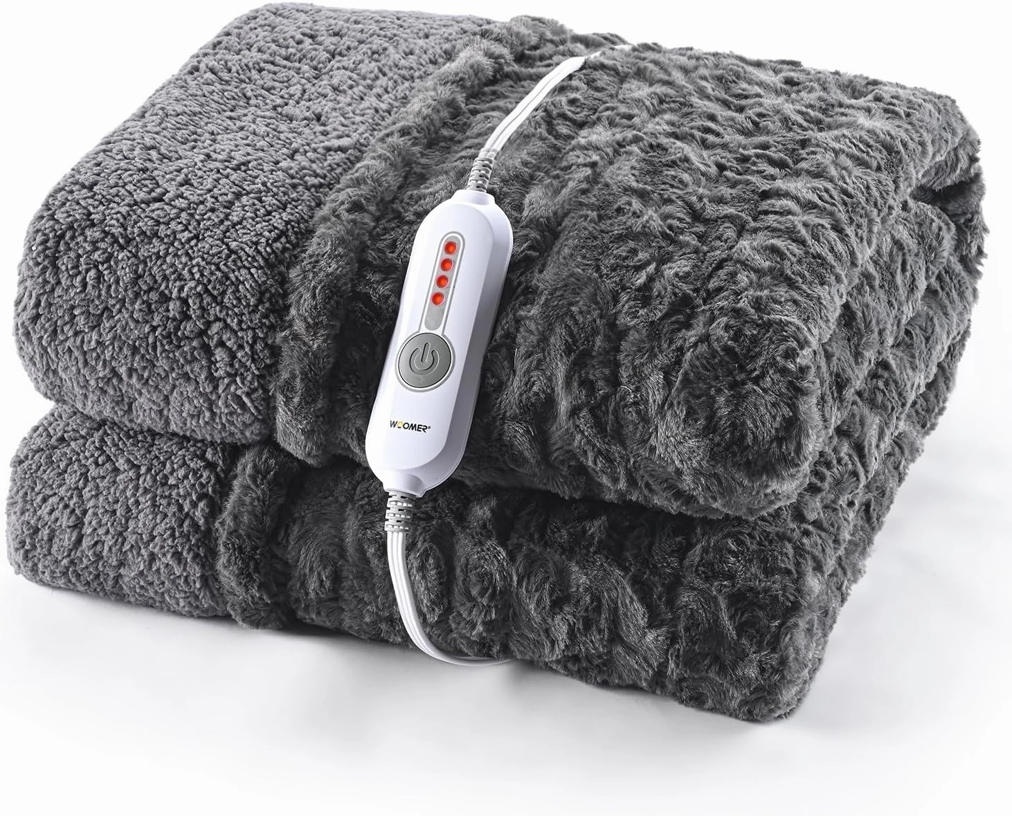WOOMER Electric Heated Throw 50"x 60", Rose Flower Patterns Faux Fur & Soft Sherpa, 4 Heating Levels & 4H Auto Off, ETL Certified, Machine Washable, Dark Grey