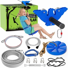 X XBEN 120FT Zip line Kit for Kids and Adults, Zip Lines for Backyard, Included Swing Seat, Spring Brake, Steel Trolley and Adjustable Safety Belt, Outdoor Play Sets Equipment