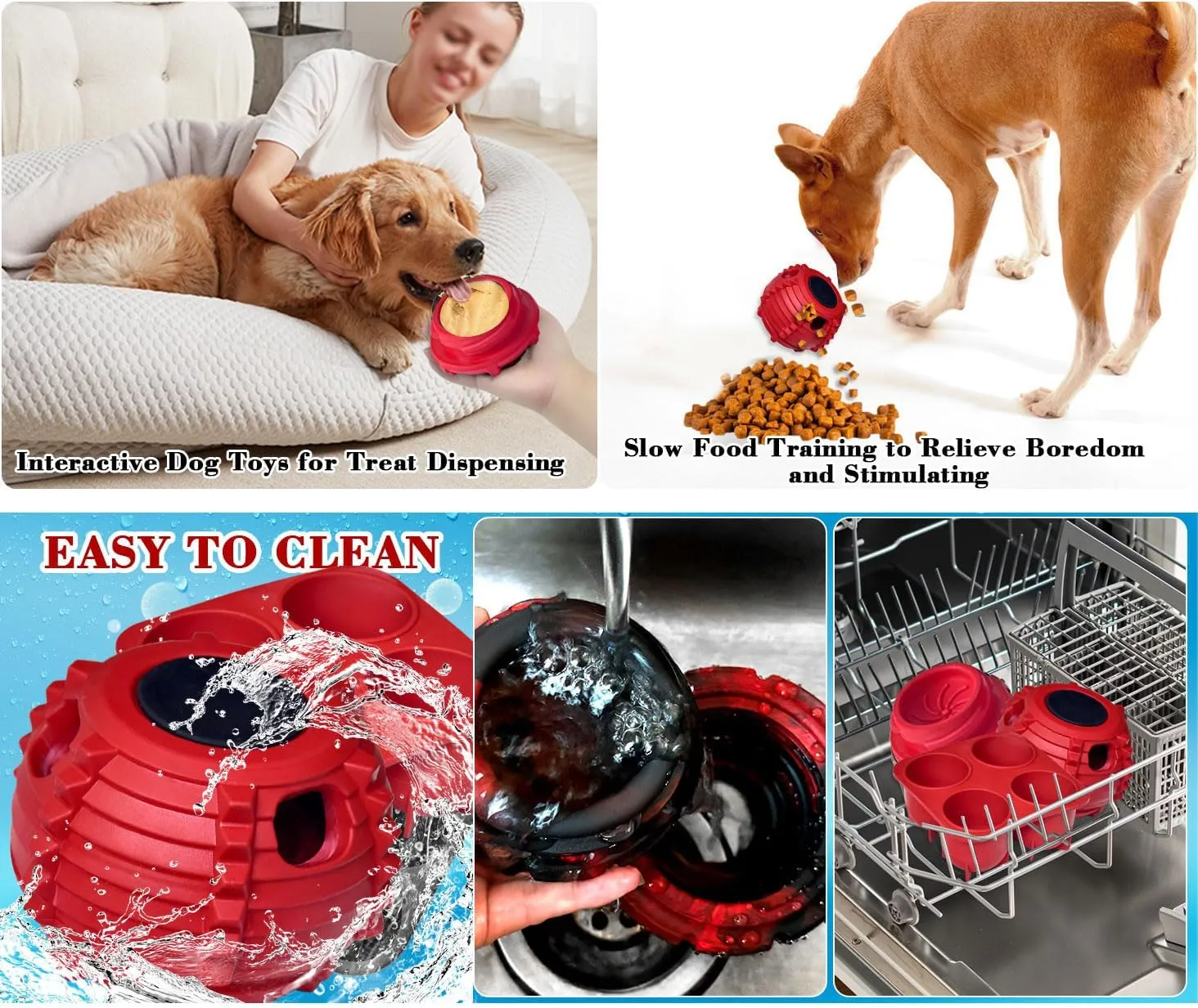 XHX Dog Toy, Durable Large Dog Toys, Interactive Dog Puzzle Play Toy, Freezable Fillable Rubber Dog Toys, with Stopper Silicone Treat Tray (Red, Small)