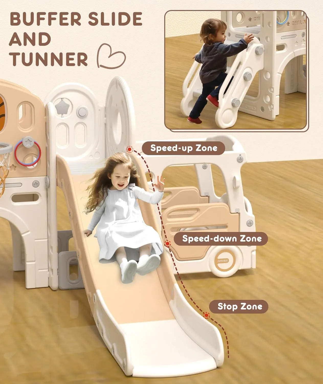 XJD 10 in 1 Toddler Slide, Kids Slide for Toddlers Age 1 , Toddler Play Climber Playset with Basketball Hoop and Ball,Toddlers Outdoor Indoor Playground (Beige Coffee, Large)