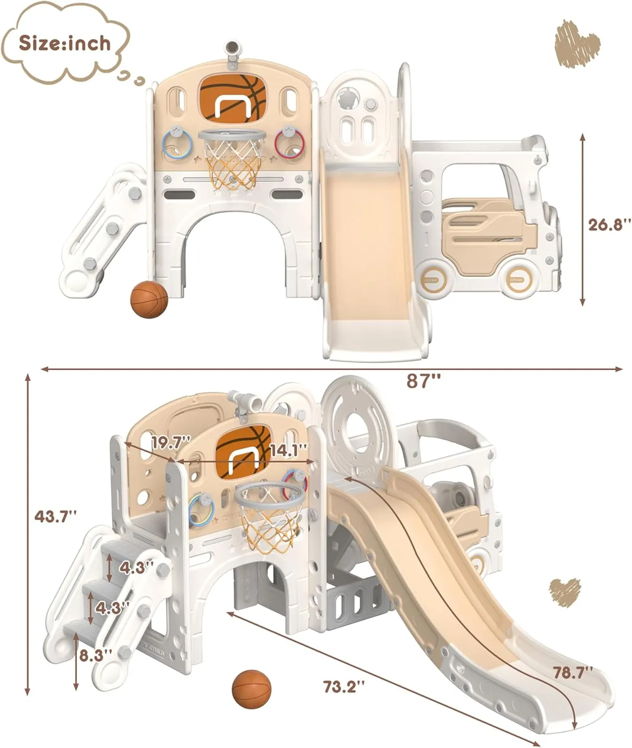 XJD 10 in 1 Toddler Slide, Kids Slide for Toddlers Age 1 , Toddler Play Climber Playset with Basketball Hoop and Ball,Toddlers Outdoor Indoor Playground (Beige Coffee, Large)