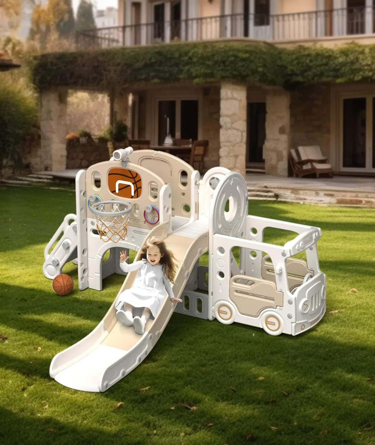 XJD 10 in 1 Toddler Slide, Kids Slide for Toddlers Age 1 , Toddler Play Climber Playset with Basketball Hoop and Ball,Toddlers Outdoor Indoor Playground (Beige Coffee, Large)