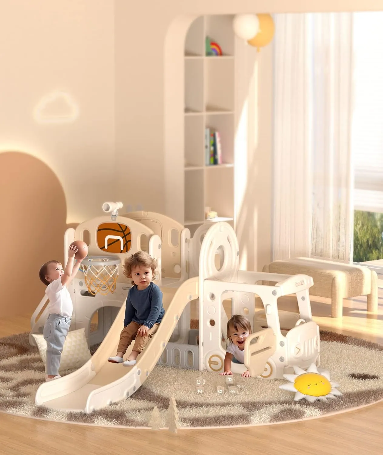 XJD 10 in 1 Toddler Slide, Kids Slide for Toddlers Age 1 , Toddler Play Climber Playset with Basketball Hoop and Ball,Toddlers Outdoor Indoor Playground (Beige Coffee, Large)