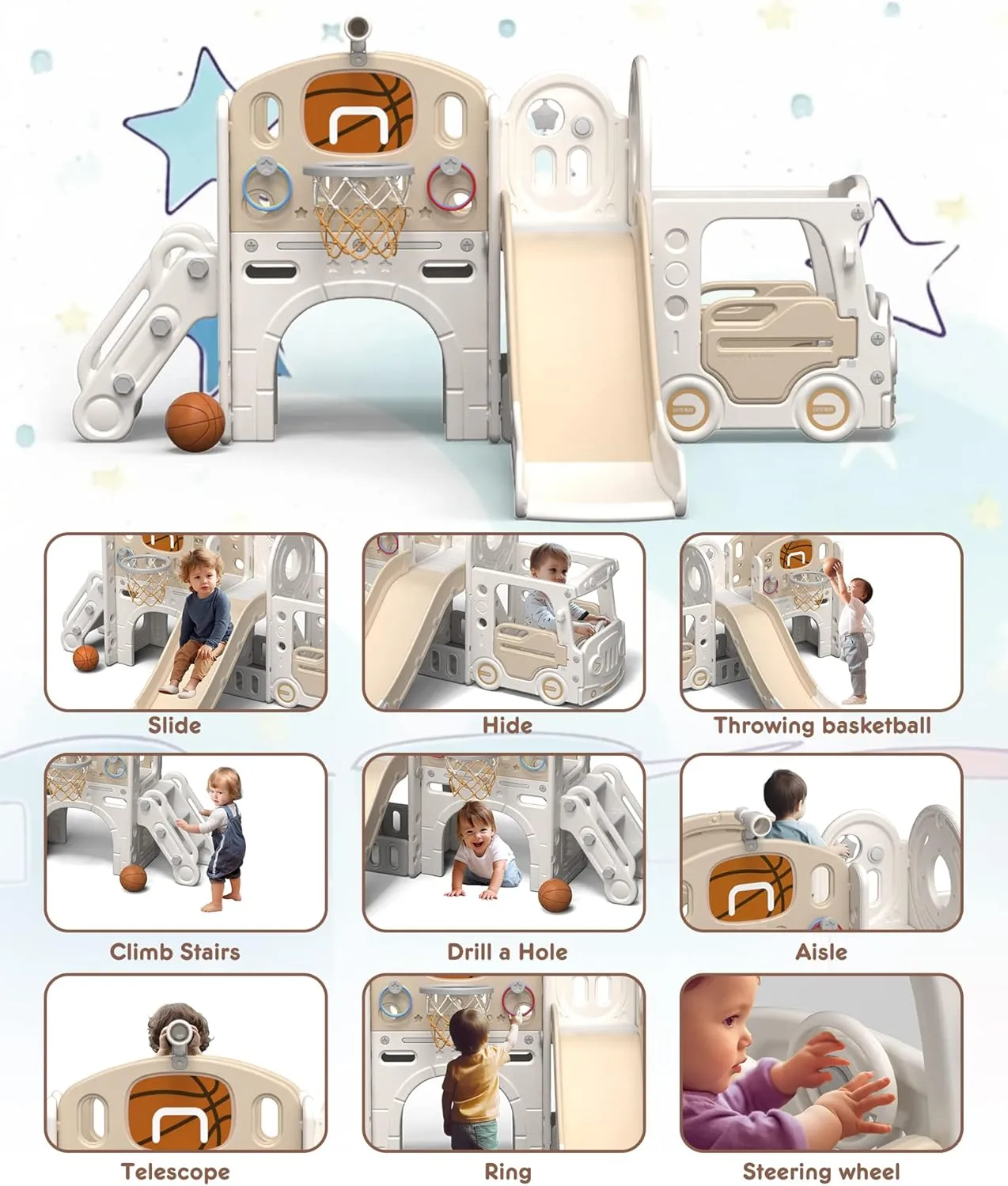 XJD 10 in 1 Toddler Slide, Kids Slide for Toddlers Age 1 , Toddler Play Climber Playset with Basketball Hoop and Ball,Toddlers Outdoor Indoor Playground (Beige Coffee, Large)