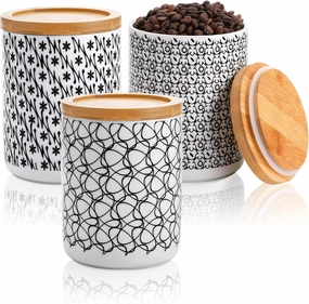 Yesland 3 Pack Kitchen Canisters Ceramic Food Storage Jar, 24 Fl Oz Round Canister Sets Coffee Canister with Airtight Lid for Ground Coffee, Sugar, Tea, Spices - Black Flower Pattern