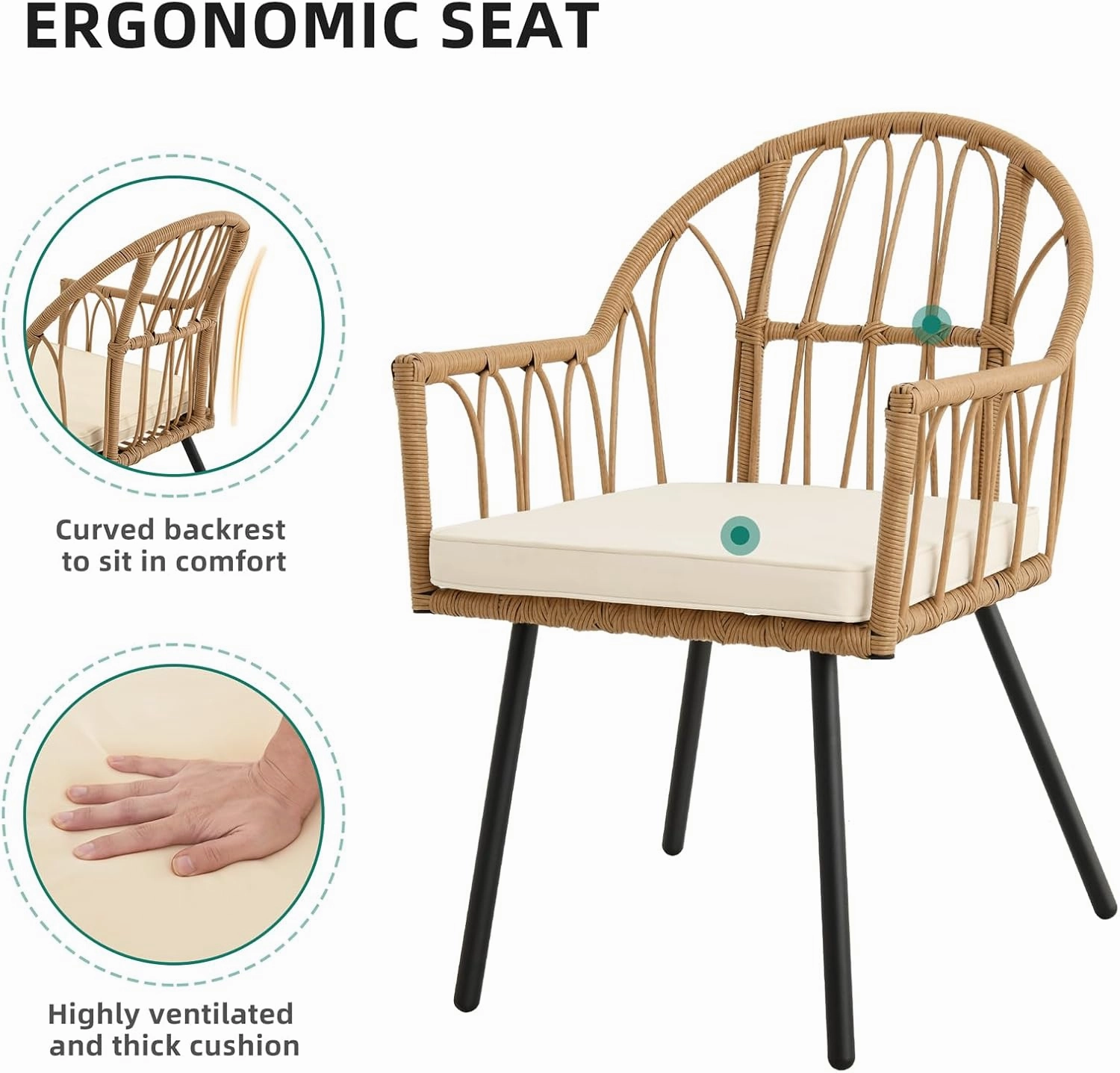 YITAHOME Bistro Chairs Set of 4 Rattan Outdoor Dining Chairs with Arms & Cushions Woven Rattan Chair with Curved Backrest All-Weather Wicker Patio Dining Chair for Patio or Restaurant, Beige