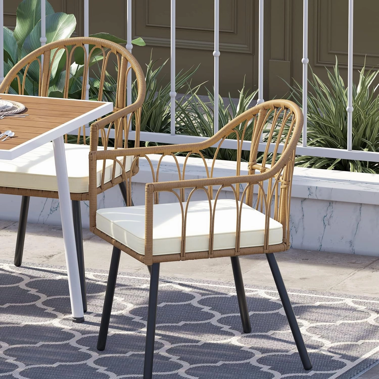 YITAHOME Bistro Chairs Set of 4 Rattan Outdoor Dining Chairs with Arms & Cushions Woven Rattan Chair with Curved Backrest All-Weather Wicker Patio Dining Chair for Patio or Restaurant, Beige