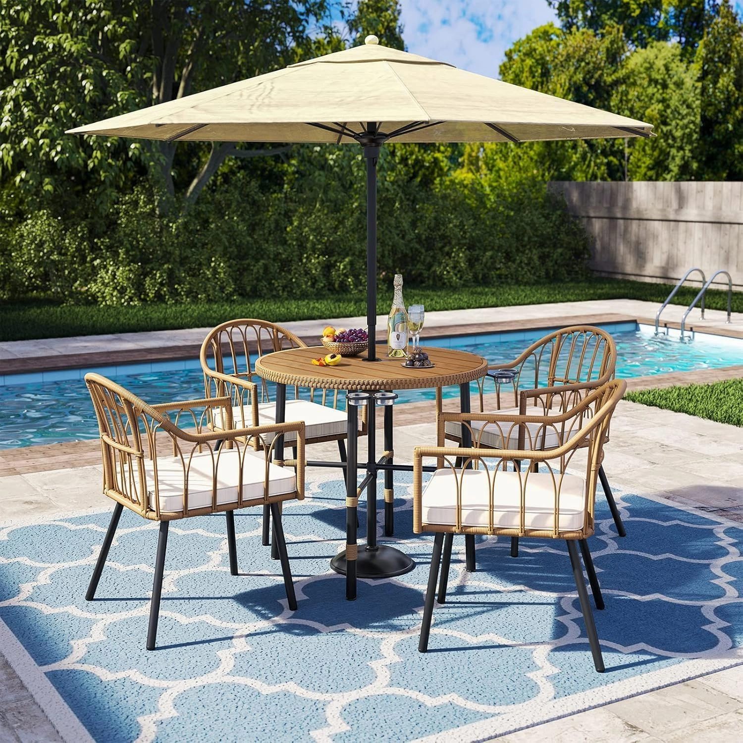YITAHOME Bistro Chairs Set of 4 Rattan Outdoor Dining Chairs with Arms & Cushions Woven Rattan Chair with Curved Backrest All-Weather Wicker Patio Dining Chair for Patio or Restaurant, Beige