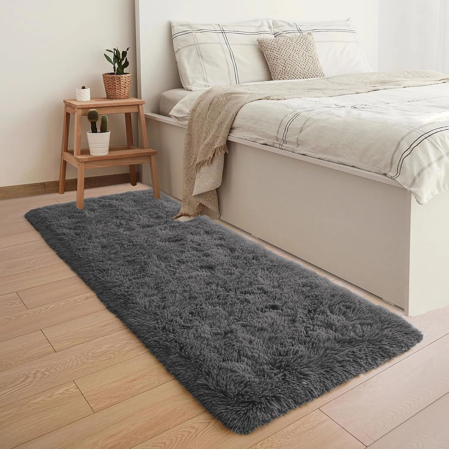 YJ.GWL Fluffy Runner Rugs for Bedroom Living Room Soft Shag Rug 2x6 Feet, Dark Grey Plush Carpet Non Slip for Nursery Dorm, Fuzzy Bedside Rug for Kids Boys Girls Room Home Decor
