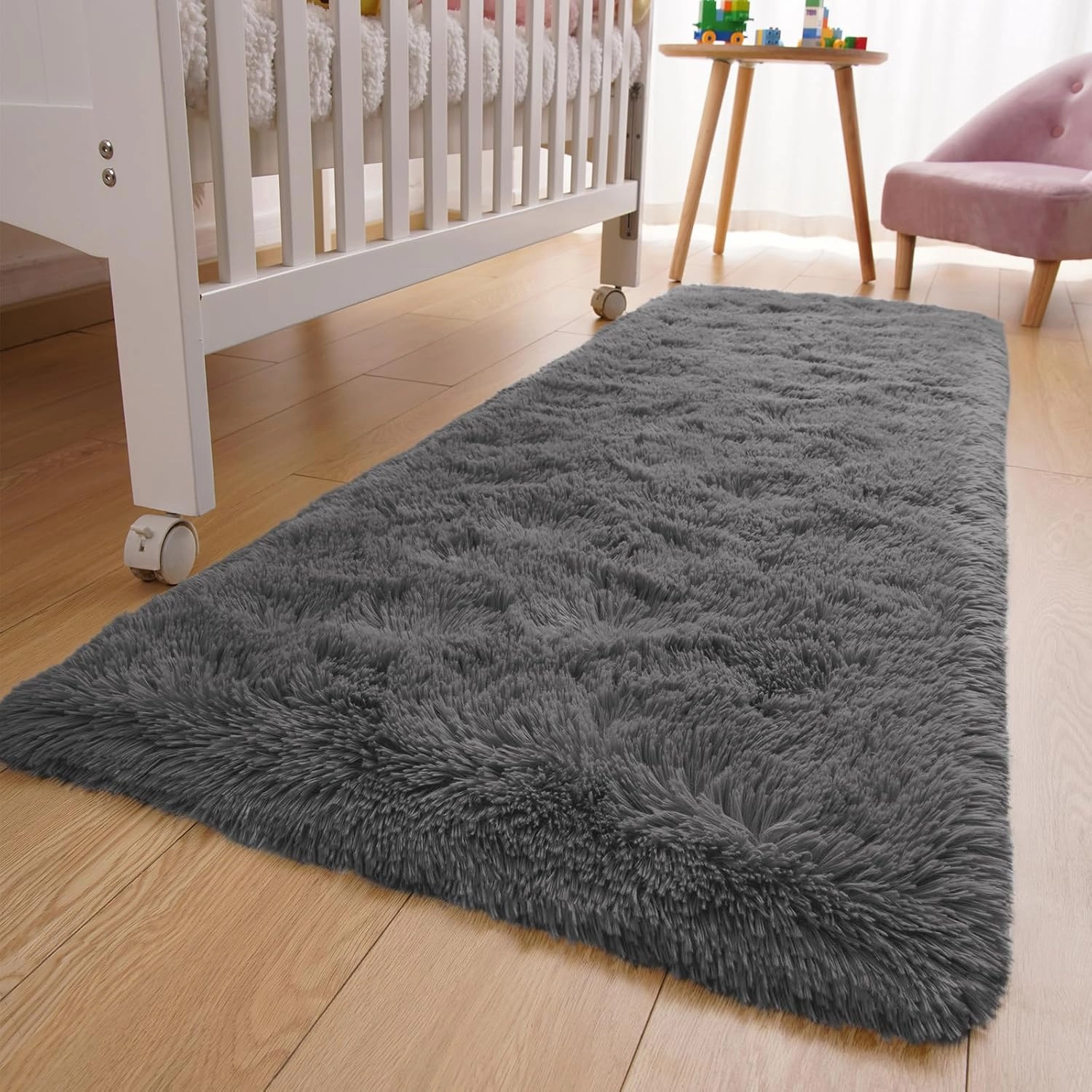 YJ.GWL Fluffy Runner Rugs for Bedroom Living Room Soft Shag Rug 2x6 Feet, Dark Grey Plush Carpet Non Slip for Nursery Dorm, Fuzzy Bedside Rug for Kids Boys Girls Room Home Decor