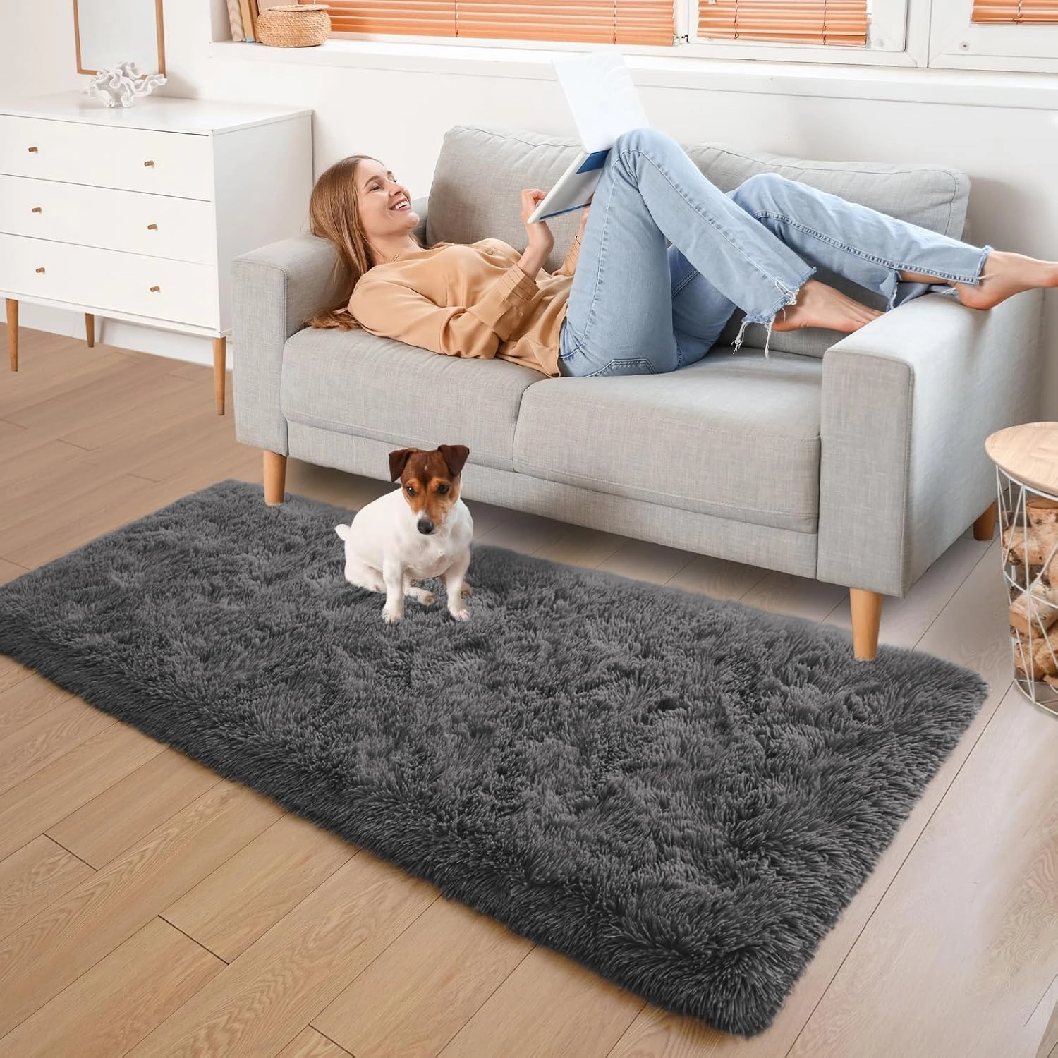 YJ.GWL Fluffy Runner Rugs for Bedroom Living Room Soft Shag Rug 2x6 Feet, Dark Grey Plush Carpet Non Slip for Nursery Dorm, Fuzzy Bedside Rug for Kids Boys Girls Room Home Decor