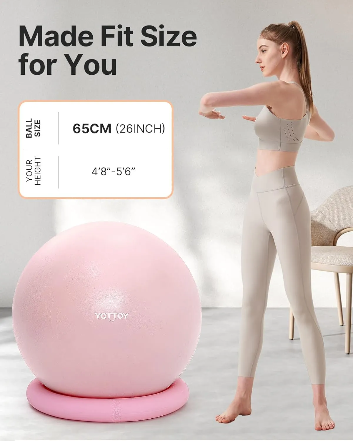 YOTTOY Exercise Ball Chair with Base,Yoga Ball Chair for Home Office Desk, Stability Ball & Fitness Ball Seat with Pump (Pink, 23-26ines(58-65cm))