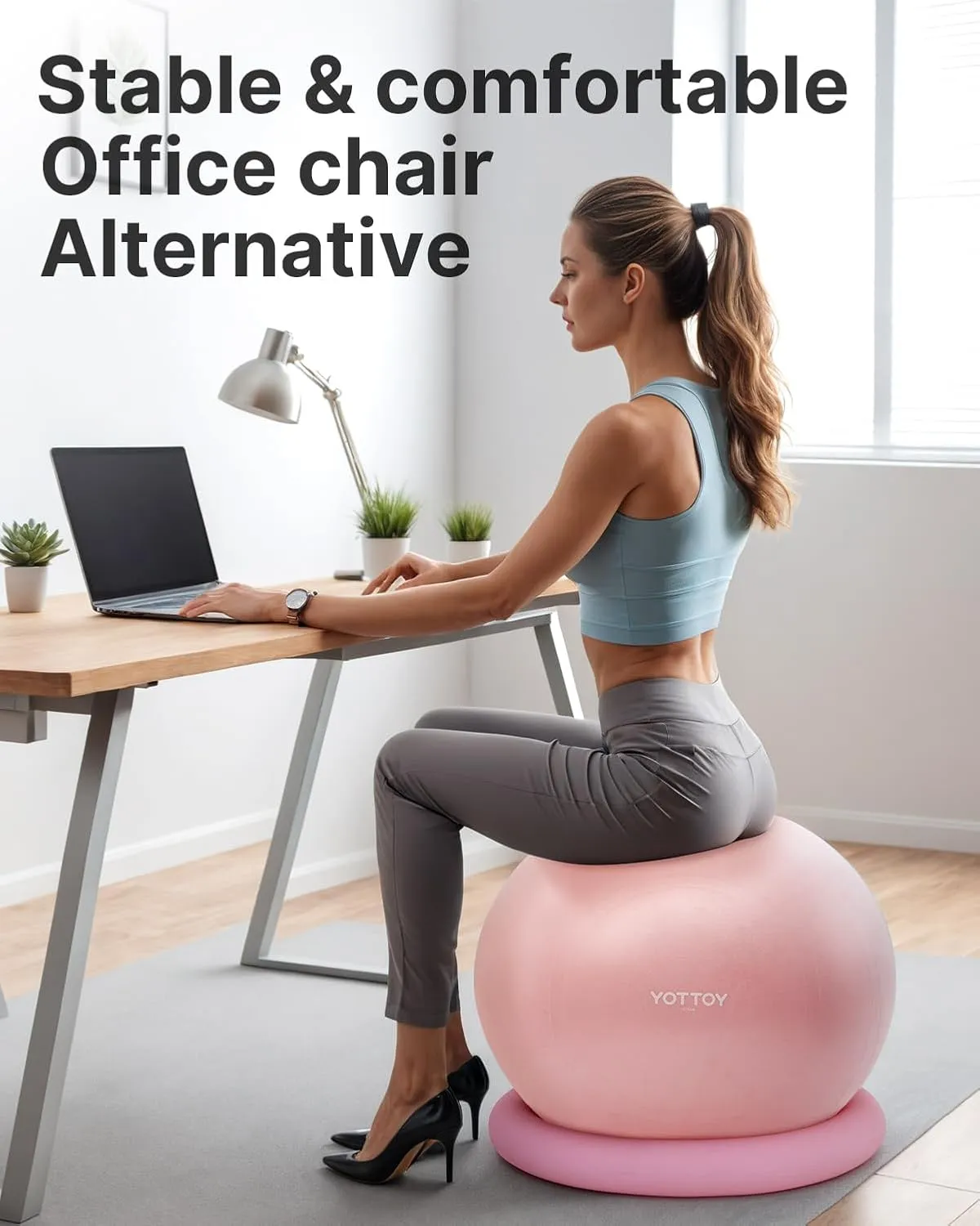 YOTTOY Exercise Ball Chair with Base,Yoga Ball Chair for Home Office Desk, Stability Ball & Fitness Ball Seat with Pump (Pink, 23-26ines(58-65cm))