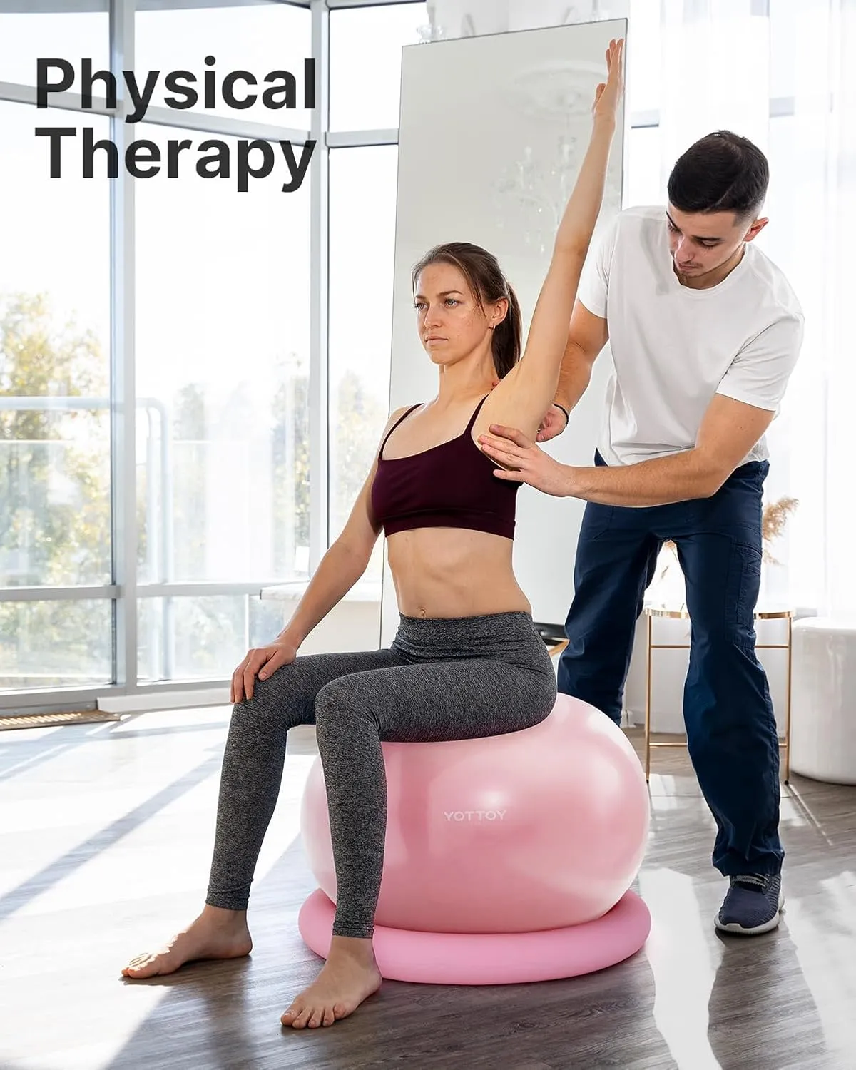YOTTOY Exercise Ball Chair with Base,Yoga Ball Chair for Home Office Desk, Stability Ball & Fitness Ball Seat with Pump (Pink, 23-26ines(58-65cm))