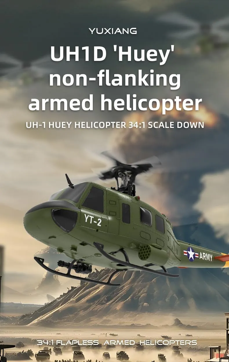 YU Xiang F07 1/34 Scalerc Helicopter for Adults UH-1 Huey 2.4G 6CH Brushless Direct-Drive 6G Flybarless RC Helicopter Model with Optical Flow Positioning (RTF Version/2 Batteries)