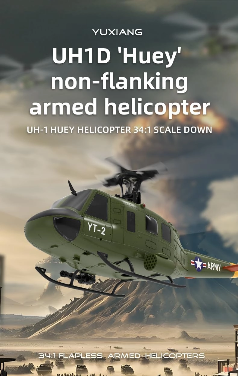 YU Xiang F07 Bell UH-1 Huey RC Helicopter for Adults, 1/34 2.4G 6CH Brushless Direct-Drive 6G Flybarless RC Aircraft Helicopter Model with Optical Flow Positioning, 2 Battery